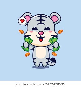 Cute white tiger holding money cartoon vector illustration.
Vector cartoon Illustration suitable for poster, brochure, web, mascot, sticker, logo and icon.