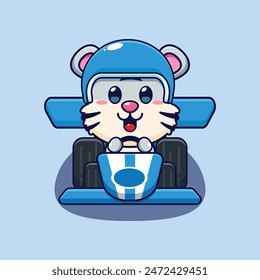 Cute white tiger mascot cartoon character riding race car. Vector cartoon Illustration suitable for poster, brochure, web, mascot, sticker, logo and icon.