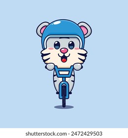 Cute white tiger mascot cartoon character ride on bicycle. Vector cartoon Illustration suitable for poster, brochure, web, mascot, sticker, logo and icon.