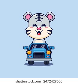 Cute white tiger mascot cartoon character ride on car. Vector cartoon Illustration suitable for poster, brochure, web, mascot, sticker, logo and icon.