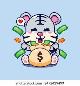 Cute white tiger with money bag cartoon vector illustration.
Vector cartoon Illustration suitable for poster, brochure, web, mascot, sticker, logo and icon.