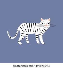 Cute white tiger on a blue background. Wild big cat. Funny animals vector illustration. 