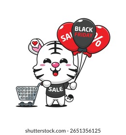cute white tiger with shopping cart and balloon at black friday sale cartoon vector illustration