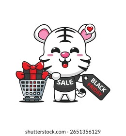 cute white tiger with shopping cart and discount coupon black friday sale cartoon vector illustration