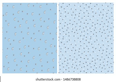 Cute White Tiny Stars Vector Patterns. White and Black Stars and Moons Isolated on a Blue Background. Simple Starry Abstract Night Sky Print for Fabric, Textile, Wrapping Paper, Decoration. 