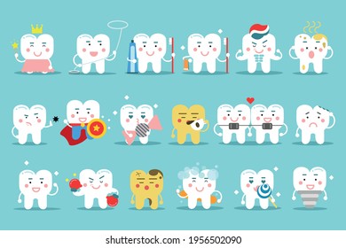 Cute White Tooth Character Holding Dental Floss, Toothbrush and Drinking Coffee Vector Set