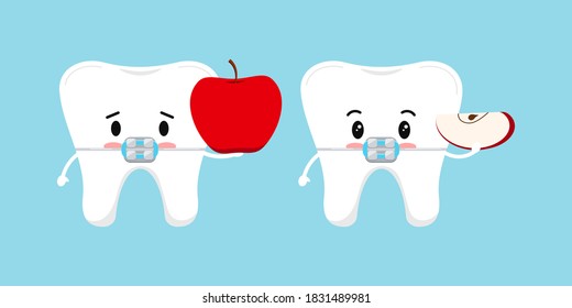 Cute white tooth with dental braces and apple icon set. Sad tooth with whole apple and happy with part of apple. Flat cartoon character vector illustration. Dental concept - you can't bite with braces