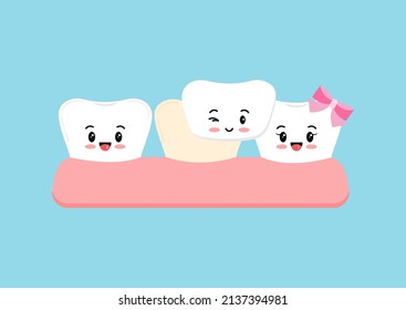 Cute white tooth and tooth with veneer. Teeth aesthetic treatment, cleaning, color restoration concept. Flat cartoon emoji character vector illustration. Dental hygiene stained teeth