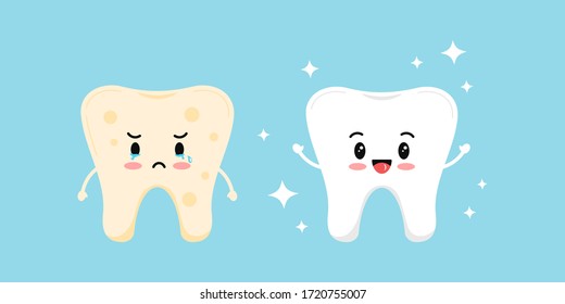 Cute white tooth and tooth with yellow plaque before, after icon set. Teeth stain treatment, cleaning, whitening concept. Flat cartoon emoji character vector illustration. Dental hygiene stained teeth