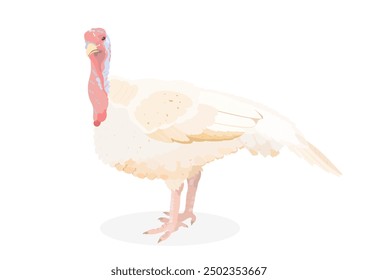 Cute white Turkey bird vector character illustration. Cartoon livestock farm poultry, wild nature animal isolated clipart.