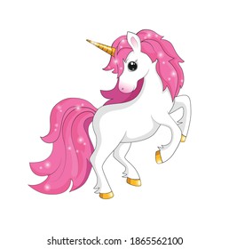 Cute white unicorn with bright pink mane and Golden horn