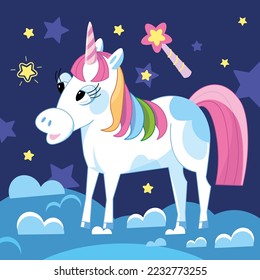 Cute white unicorn in cartoon style. Scene for design. Animal horse, pony, character for books and games. Vector illustration.