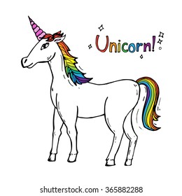 Cute white unicorn in cartoon style. Vector illustration
