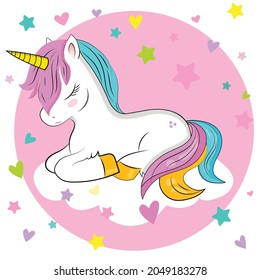 A cute white unicorn with closed eyes and colored hair