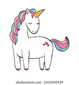 Cute white unicorn drawing, illustration for nursery posters, prints, cards, signs, kids apparel decor, stickers, sublimation, etc. EPS 10