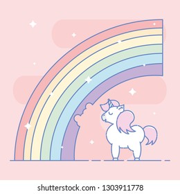 Cute white unicorn eating rainbow surrounded with sparkling stars. Pink background. Linear style illustration. Vector.