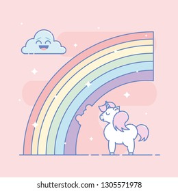 Cute white unicorn eating rainbow and a laughing cloud surrounded with sparkling stars. Pink background. Linear style illustration. Vector.