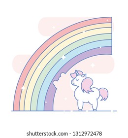 Cute white unicorn eating rainbow surrounded with sparkling stars. Pink blob background. Linear style illustration. Vector.
