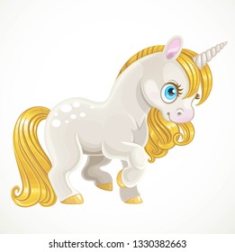 Cute white unicorn with a golden mane stand on white background