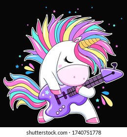 Cute white unicorn with guitar and rainbow hair. Vector cartoon illustration