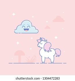 Cute white unicorn and a laughing cloud surrounded with sparkling stars. Pink background. Linear style illustration. Vector.