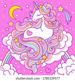 A cute white unicorn with a long mane sits on a cloud and rainbow. Popular fantastic animal. For the design of prints, posters, postcards. Vector illustration