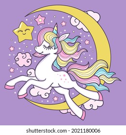 Cute white unicorn with moon and star. Fantastic animal. For children's design of prints, posters, postcards, stickers, banners, etc. Vector