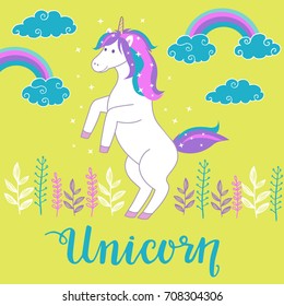 Cute white unicorn on bright yellow background with rainbow, stars, clouds and plants. Unicorn lettering. Vector illustration