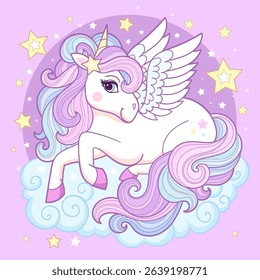 Cute white unicorn on a cloud. Ideal for children's design prints, posters, cards, stickers, puzzles, etc. Vector illustration
