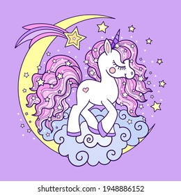 Cute white unicorn with pink mane on the moon. Children's illustration. For the design of prints, posters, postcards, cards, stickers. icons. Vector