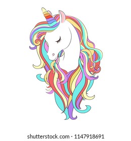 Cute White Unicorn with rainbow hair vector illustration for children design. Sweet fantasy character for t-shirts and cards
