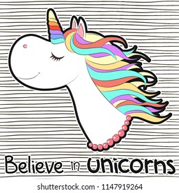 Cute White Unicorn with rainbow hair vector illustration for children design. Sweet fantasy character for t-shirts and cards