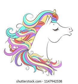 Cute White Unicorn with rainbow hair vector illustration for children design. Sweet fantasy character for t-shirts and cards
