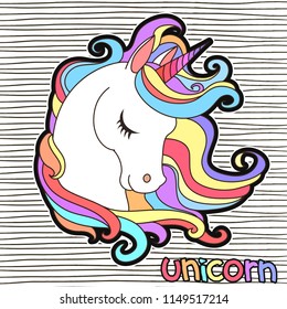 Cute White Unicorn with rainbow hair vector illustration for children design. Sweet fantasy character for t-shirts and cards