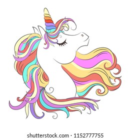 Cute White Unicorn Rainbow Hair Vector Stock Vector (Royalty Free ...