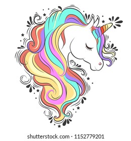 Cute White Unicorn with rainbow hair vector illustration for children design. Sweet fantasy character for t-shirts and cards