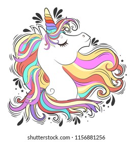 Cute White Unicorn Rainbow Hair Vector Stock Vector (Royalty Free ...