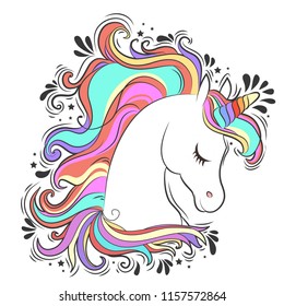 Cute White Unicorn with rainbow hair vector illustration for children design. Sweet fantasy character for t-shirts and cards