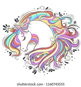Cute White Unicorn with rainbow hair vector illustration for children design. Sweet fantasy unicorn
 for t-shirts and cards