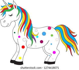 Cute White Unicorn with rainbow hair vector illustration for children design. Sweet fantasy character for t-shirts and cards 