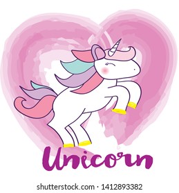 Cute White Unicorn with rainbow hair vector illustration for children design. Sweet fantasy character for t-shirts and cards. heart vector background