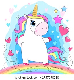 Cute white unicorn with rainbow hair. Vector illustration for baby t-shirt print design, element for children's clothes