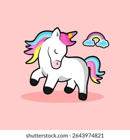 unicórnio branco bonito com ilustração arco-íris