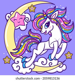 A cute white unicorn with a rainbow mane rides on the crescent moon. Magic fantastic animal. For kids girly designs for prints, posters, postcards, stickers, greetings, badges, cards, and more. Vector