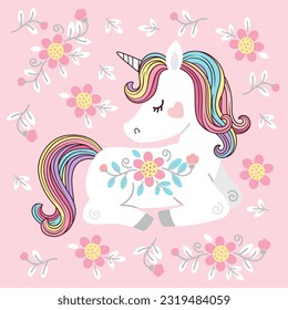 Cute white unicorn with rainbow mane and tail. Vector illustration for kids book, print, greeting card, t shirt