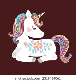 Cute white unicorn with rainbow mane and tail. Vector illustration for kids book, print, greeting card, t shirt