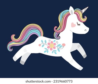 Cute white unicorn with rainbow mane and tail. Vector illustration for kids book, print, greeting card, t shirt