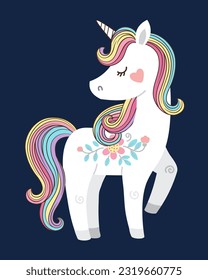 Cute white unicorn with rainbow mane and tail. Vector illustration for kids book, print, greeting card, t shirt