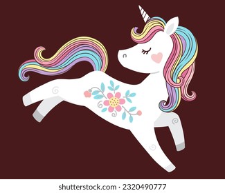 Cute white unicorn with rainbow mane and tail. Vector illustration for kids book, print, greeting card, t shirt