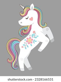 Cute white unicorn with rainbow mane and tail. Vector illustration for kids book, print, greeting card, t shirt